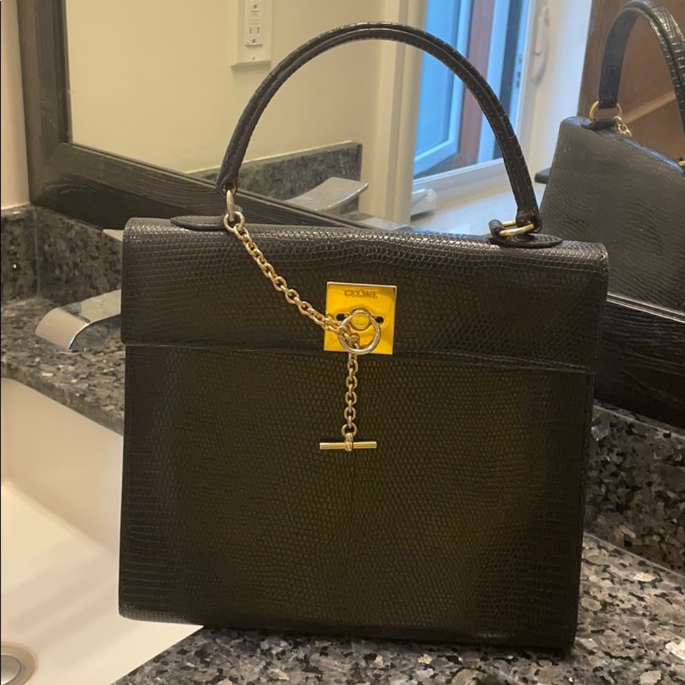 ❌SOLD❌Vintage CELINE lizard Kelly hand bag black gold - Picture 1 of 14